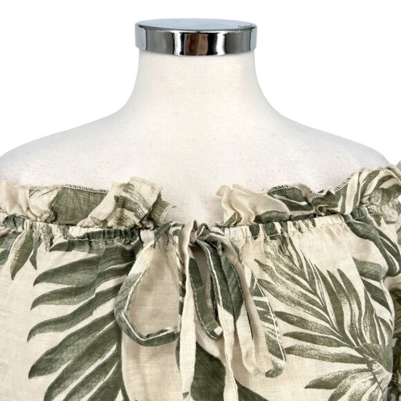 Milio Milano Linen Off-Shoulder Crop Blouse Tropical Green Cream Size Small NWT - Picture 2 of 9